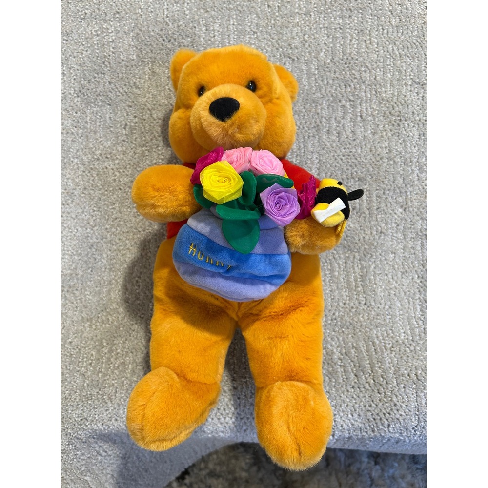 Disney Store Winnie the Pooh Plush 15 inch Hunny Pot Flowers‎ Bee Stuffed Animal